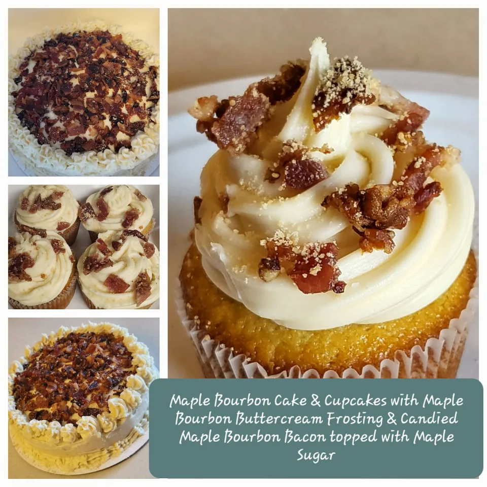 Collage showing several scratch-made cake and cupcake creations
