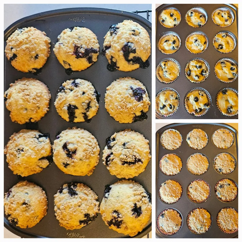 Assorted muffins arranged across several baking trays