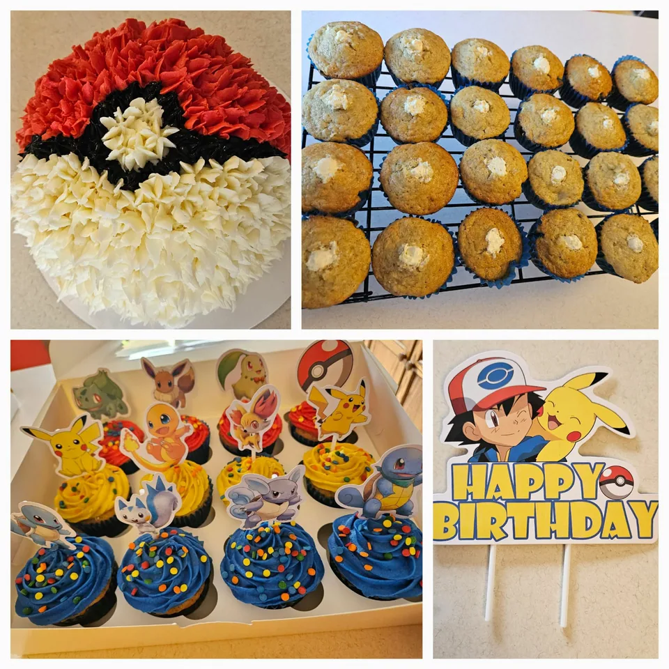 Banana-themed cake and decorated character cupcakes for a birthday celebration