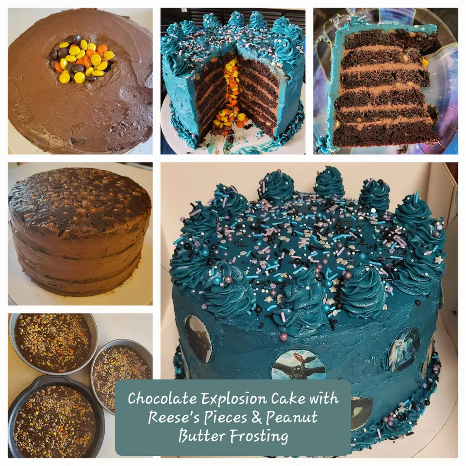 Bright blue frosted chocolate layer cake with chocolate pieces and sprinkles
