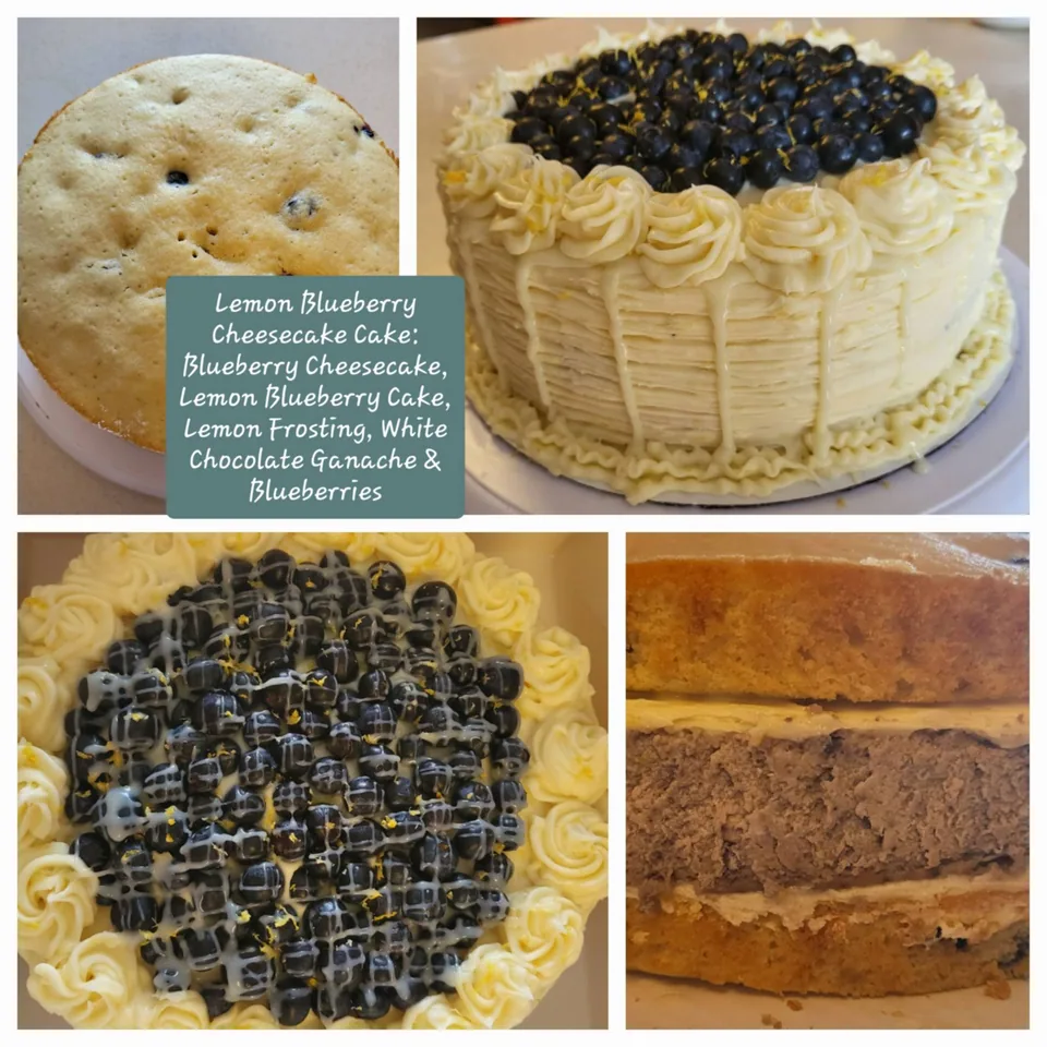 Blueberry-topped lemon layer cake with piped cream frosting