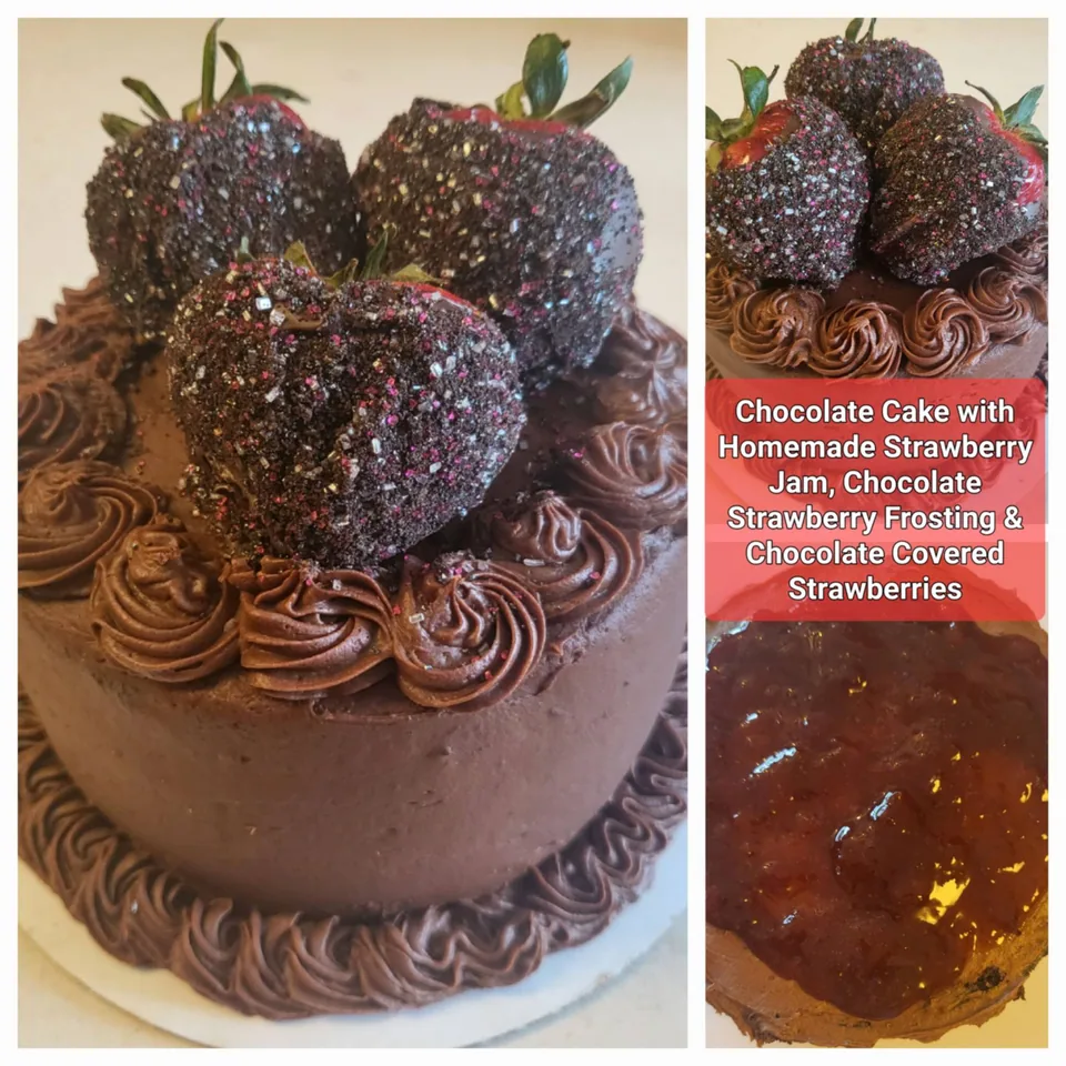 Chocolate layer cake topped with chocolate-dipped strawberries