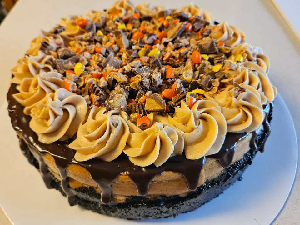 Chocolate celebration cake with piped frosting, candy pieces, and colorful sprinkles