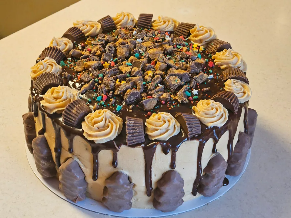 Chocolate peanut butter cake topped with candy pieces and piped frosting