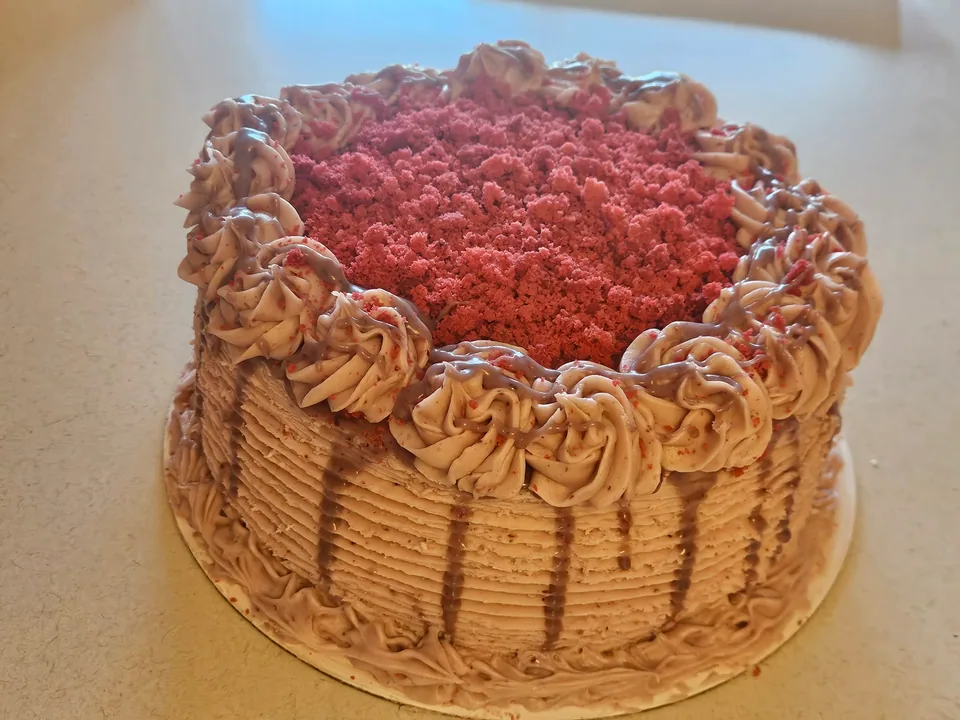 Tall chocolate frosted cake with a vibrant raspberry crumb topping