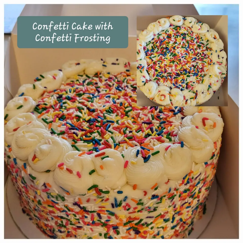 Round confetti cake completely covered in colorful sprinkles