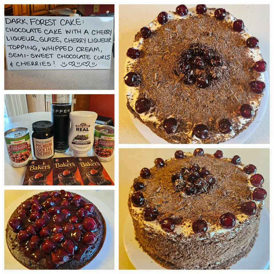 Dark forest cake with cherries, chocolate, and a cream topping