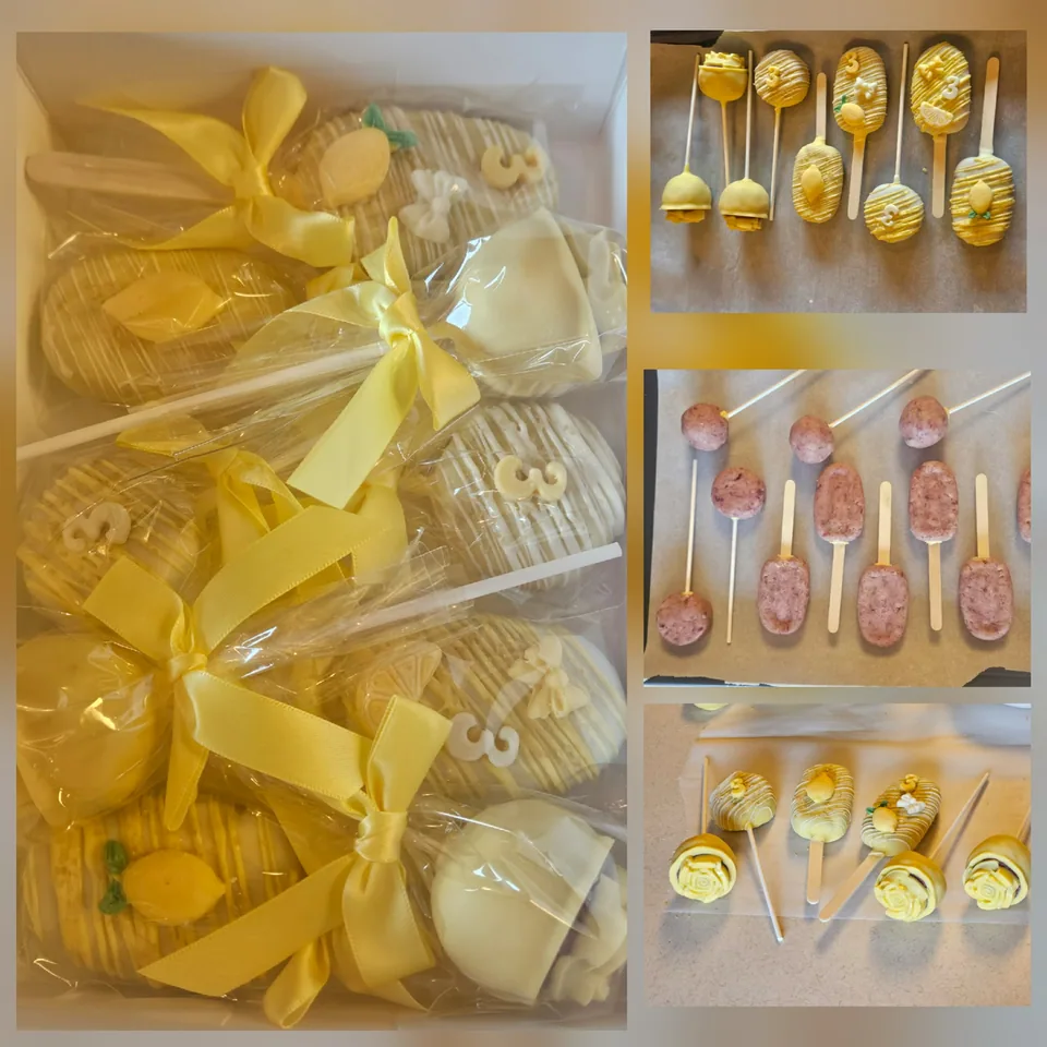 Collage of custom decorated yellow and lemon-themed cake pops