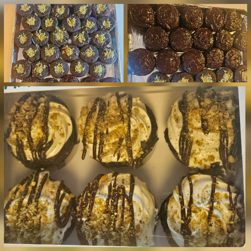 Dubai chocolate cupcakes with chocolate topping and pistachio-colored accents