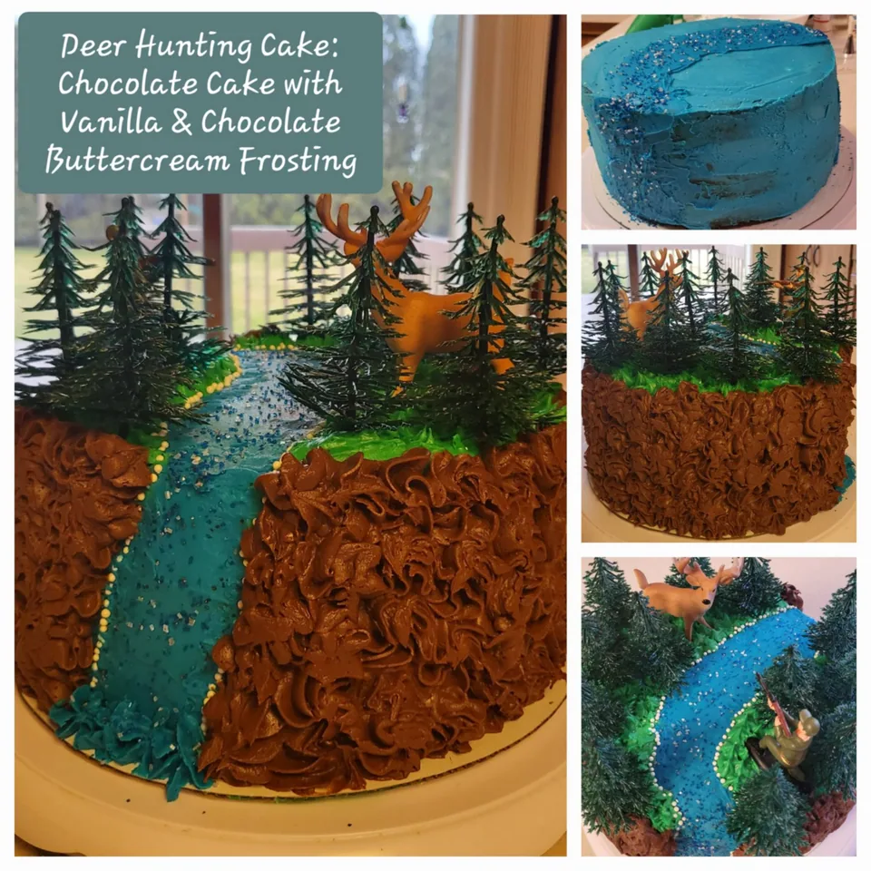 Woodland themed cake with a blue river, trees, and textured chocolate frosting