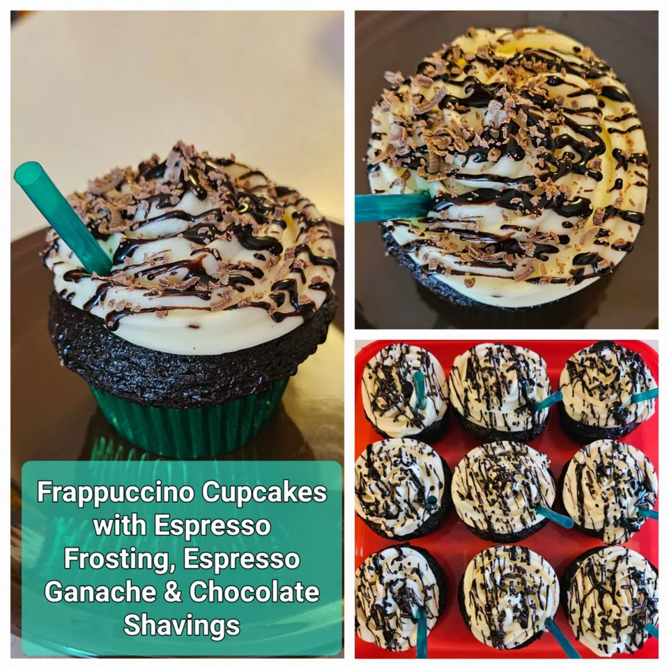 Coffee-inspired cupcakes with espresso frosting, chocolate drizzle, and shavings