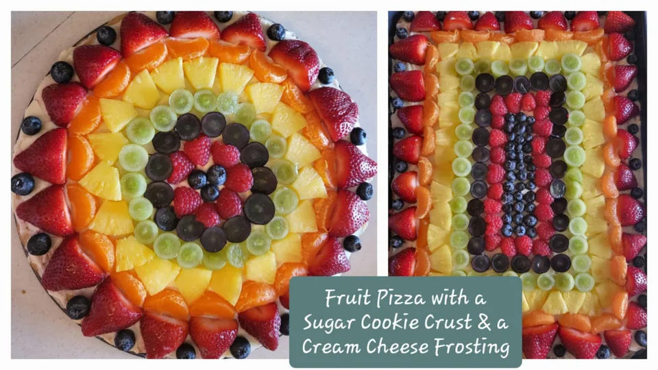 Round and rectangular fruit pizzas arranged with colorful fresh fruit