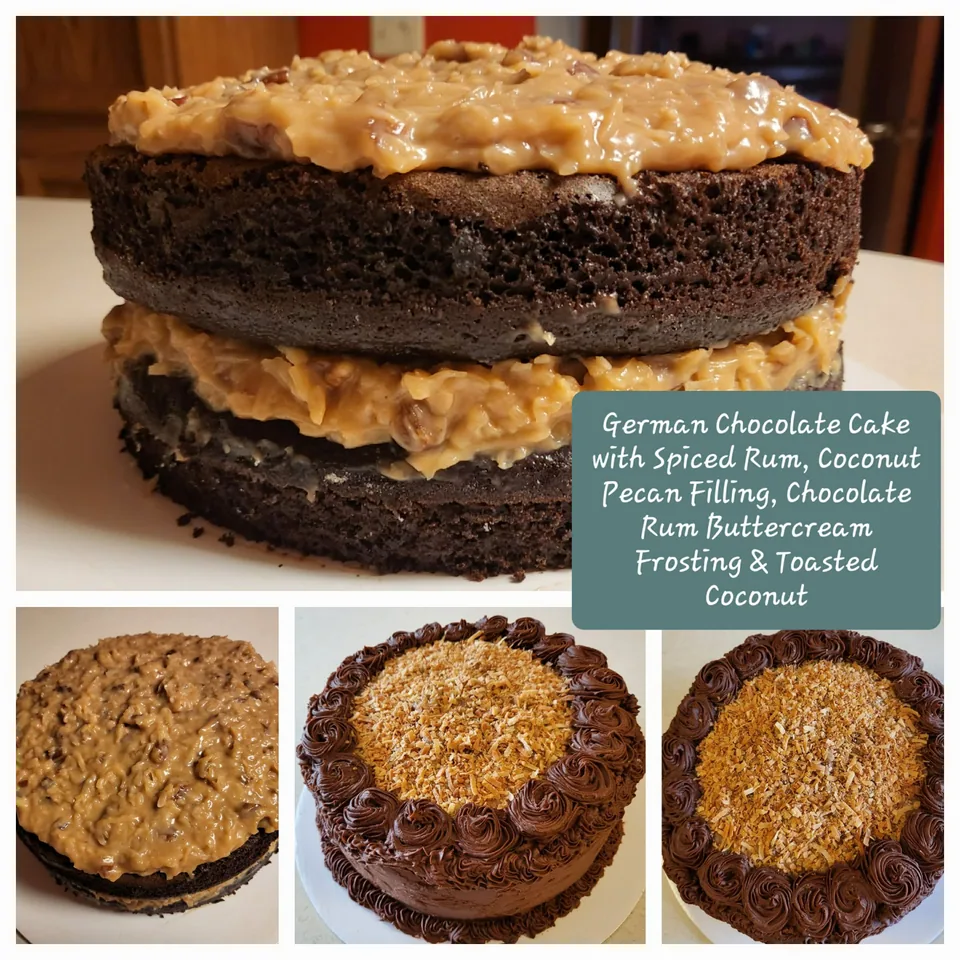German chocolate layer cake with coconut pecan filling