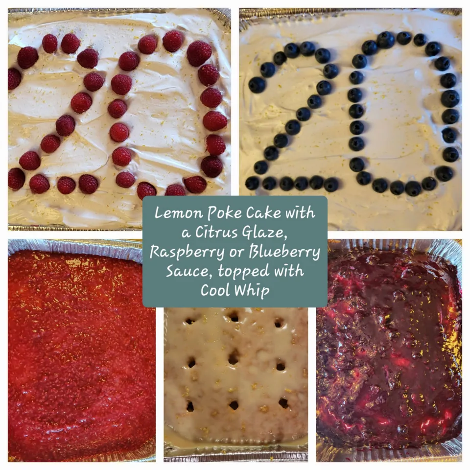 Collage showing a decorated lemon poke cake and its fillings