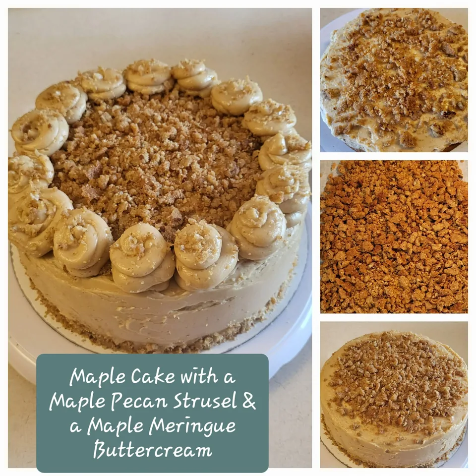 Maple cake with piped frosting and a generous streusel topping