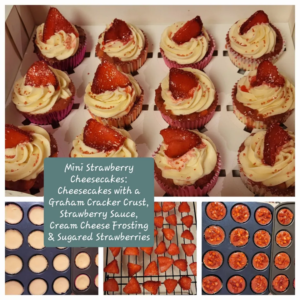 Mini strawberry cheesecakes topped with sliced berries and piped cream