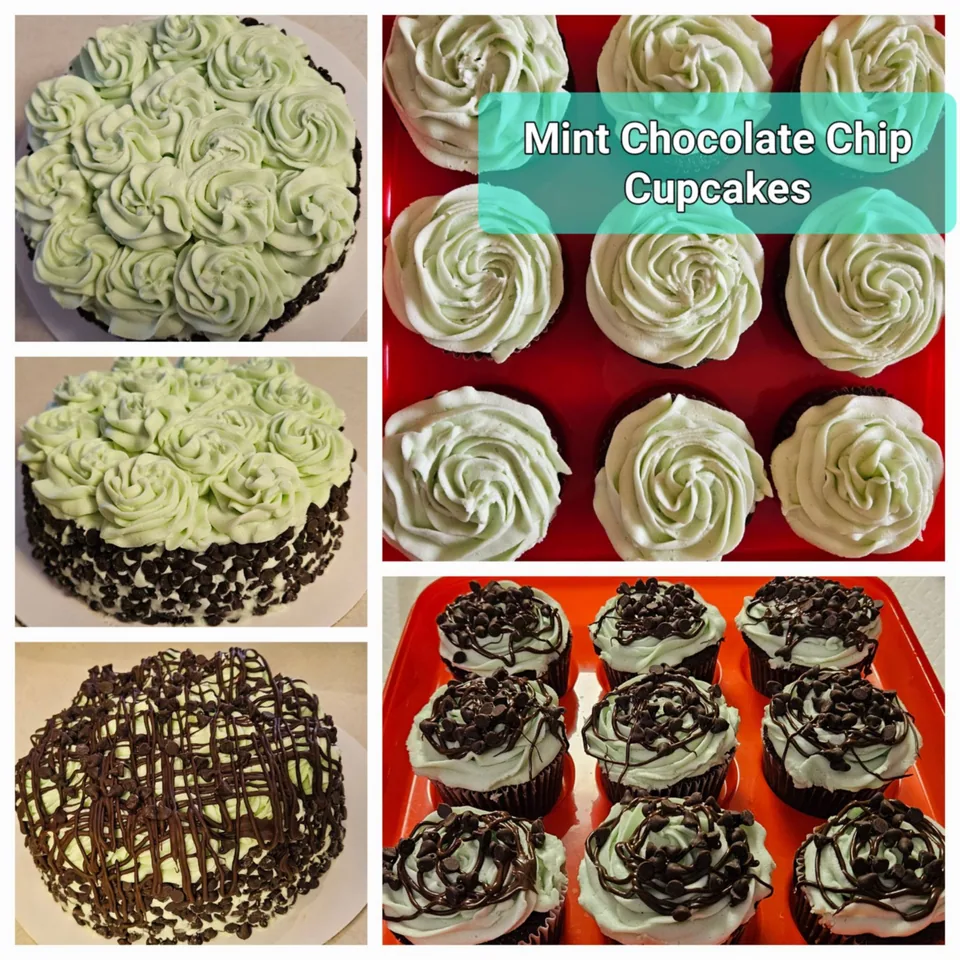 Mint-green chocolate chip cupcakes with piped frosting and chocolate drizzle