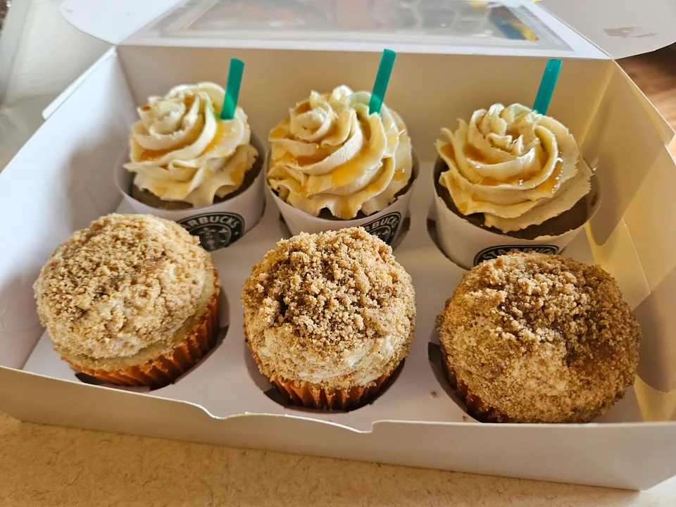 Scratch-made muffins and decorated cupcakes in a bakery box