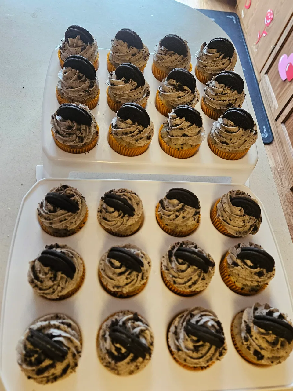 Boxes of Oreo cupcakes with cookies-and-cream frosting