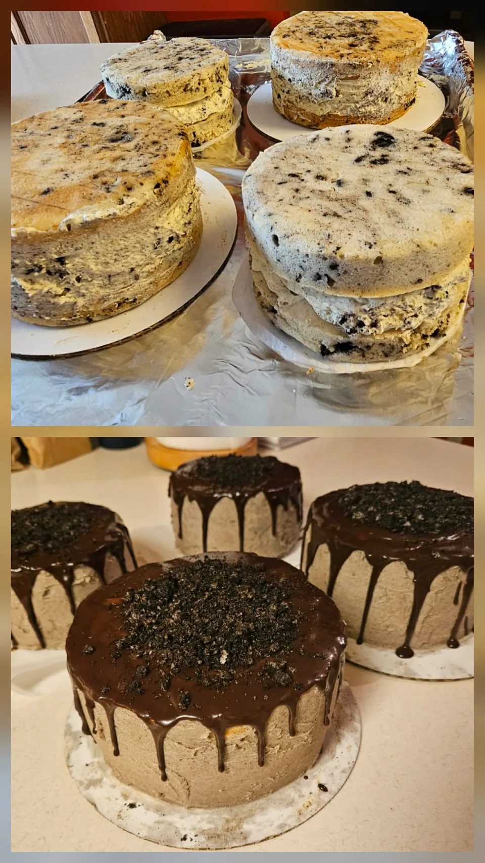 Oreo layer cakes with cookies-and-cream frosting and chocolate drip
