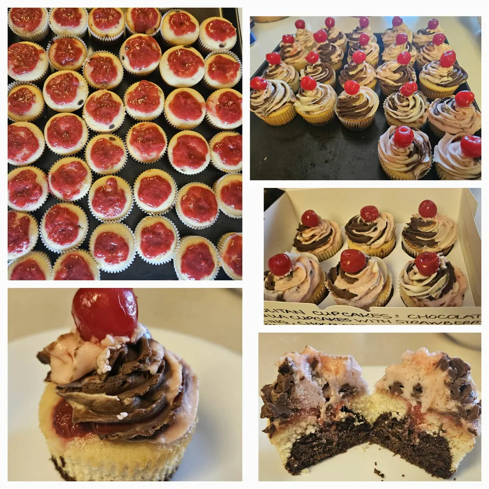 Large party assortment of cupcakes with colorful fruit and chocolate toppings