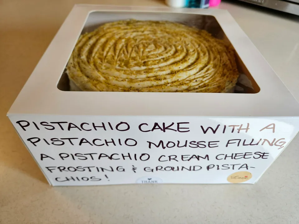 Pistachio cake with pistachio mousse filling and cream cheese frosting