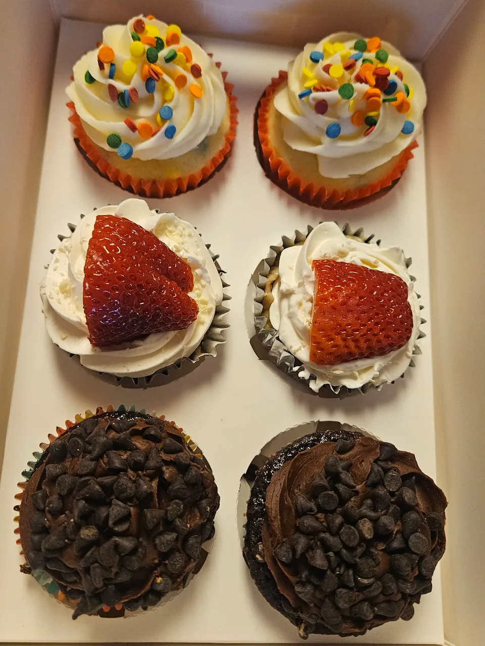 Six decorated cupcakes showing fruit, chocolate, and sprinkle toppings