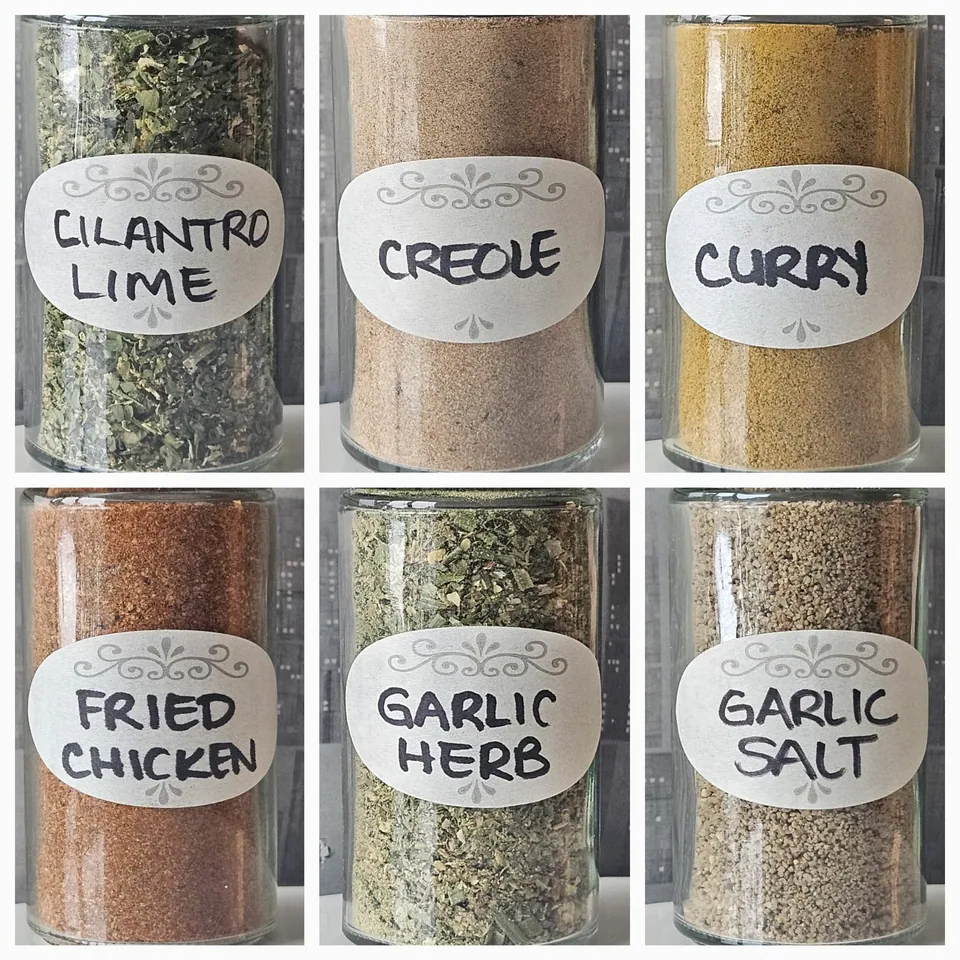 Six jars of handmade spice blends