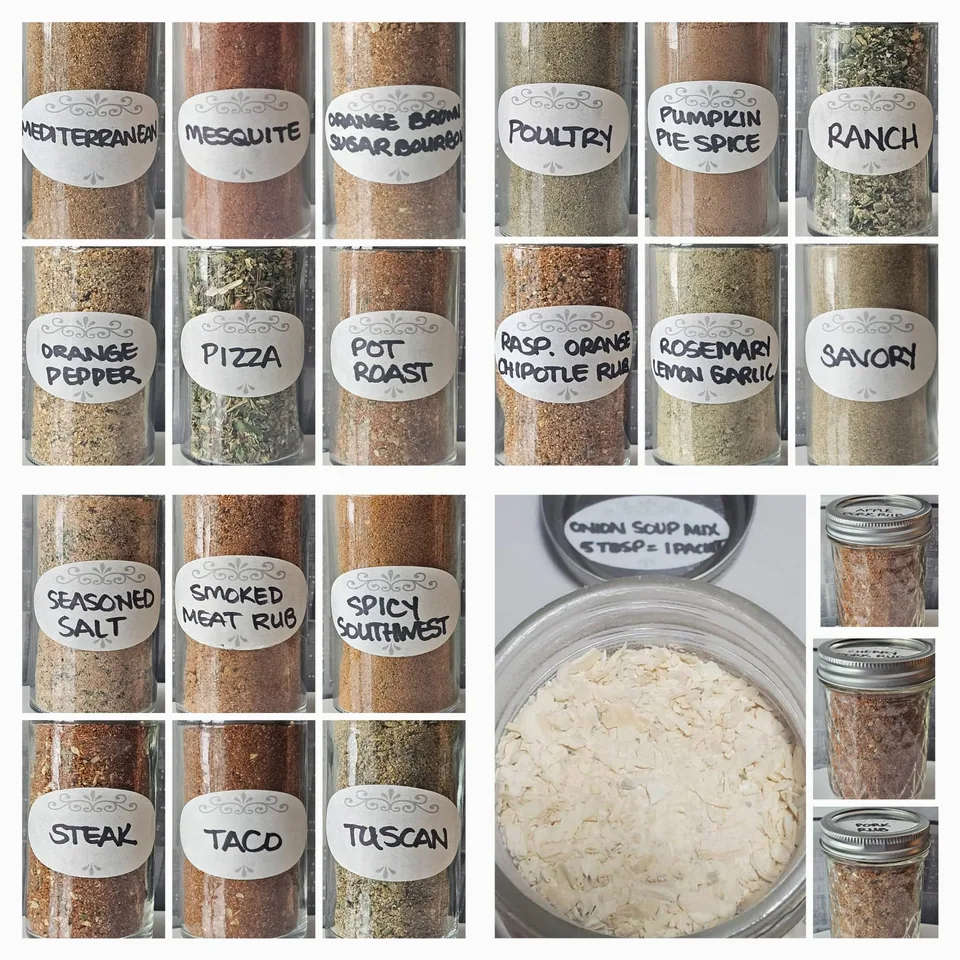 Collection of Amber's labeled handmade spice blend jars