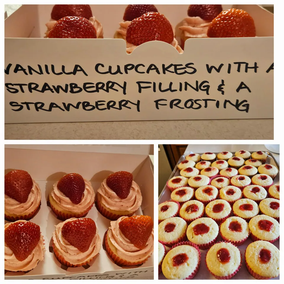 Vanilla cupcakes with strawberry filling and pink strawberry frosting