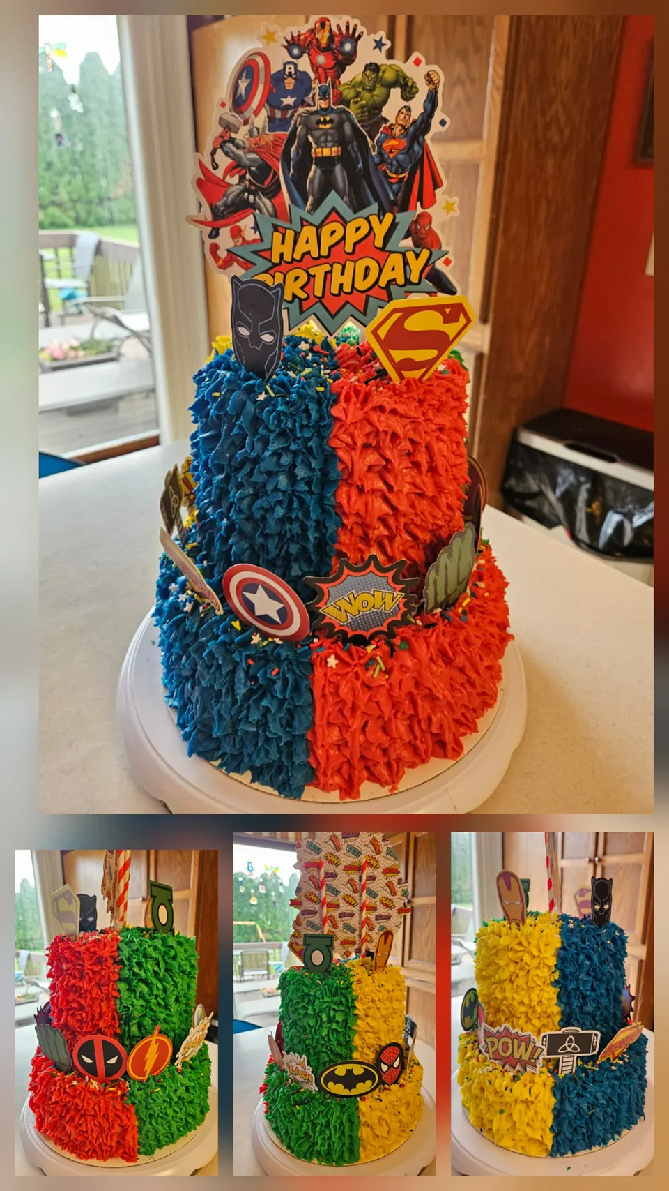 Tall red and blue superhero-themed celebration cake