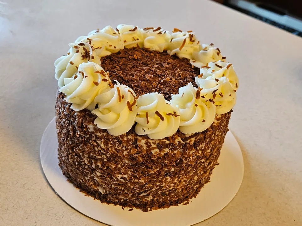 Round toasted coconut cake with piped cream frosting